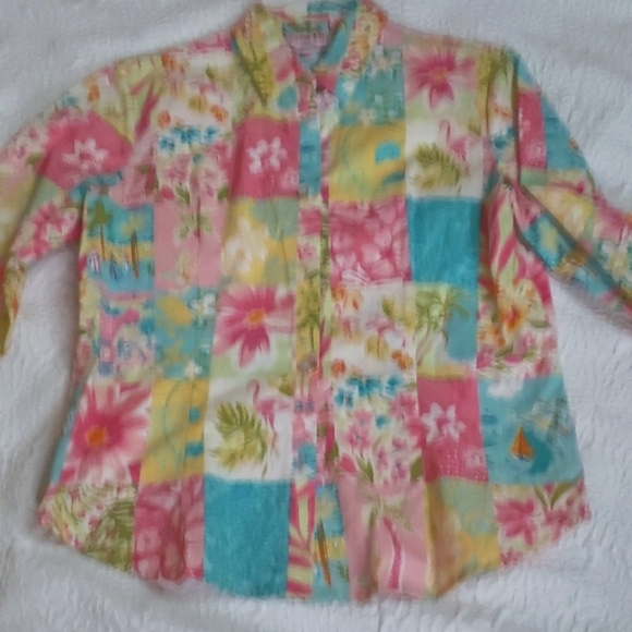 Palm Lilly Patchwork Resort Flamingo Boat Print Button 3/4 Sleeve Blouse, Size 6 - Picture 6 of 16
